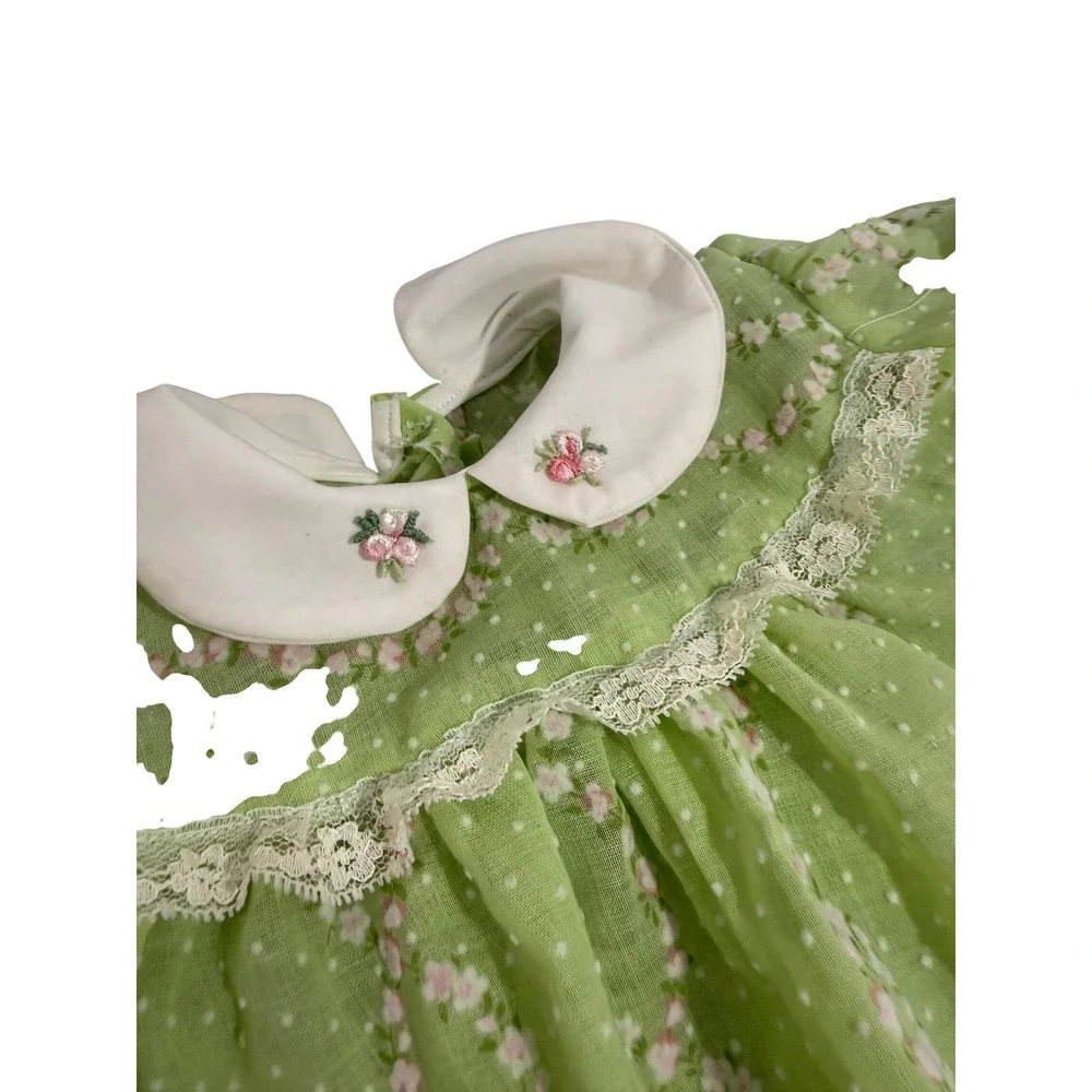 Handmade Baby Doll Outfit‎ Green Swiss Dot Floral Dress Slip Bloomers 3pc Set